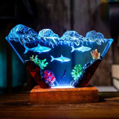 Inverted Triangle White Shark & Diver Epoxy Lamp: