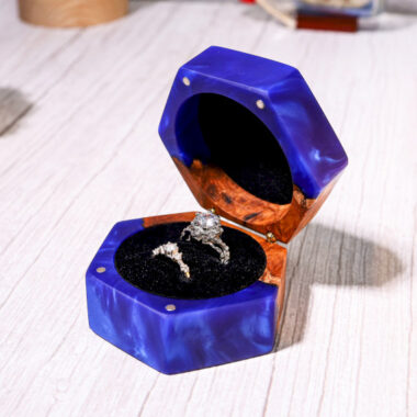 Custom Hexagonal Blue Resin Double Ring Box