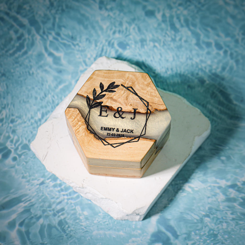 Custom Hexagon Double Ring Box 5 Wooden Resin Double Ring Holder