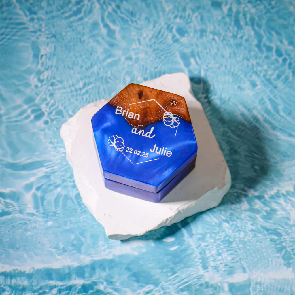 Custom Hexagon Double Ring Box 2 Wooden Resin Double Ring Holder